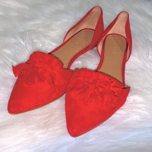 PUBLIC STORAGE TOOK J. CREW bright Red leather pointed Flats Sz 8 fringe suede